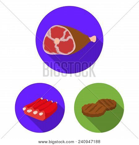 Different Meat Flat Icons In Set Collection For Design. Meat Product Vector Symbol Stock  Illustrati