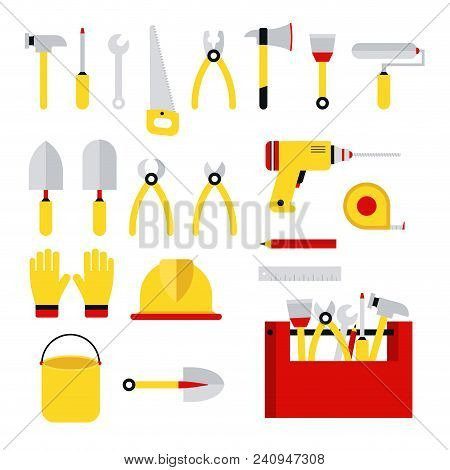 Stock Illustration Set Isolated Icons Building Tools Repair, Construction Buildings, Drill, Hammer, 