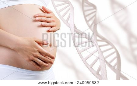 Young Pregnant Woman Caress Belly Among Dna Stem. Healthy Pregnancy Concept.