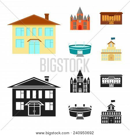 House Of Government, Stadium, Cafe, Church.building Set Collection Icons In Cartoon, Black Style Vec