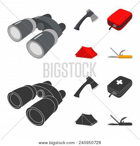 Ax, First-aid Kit, Tourist Tent, Folding Knife. Camping Set Collection Icons In Cartoon, Black Style