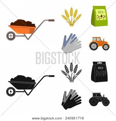 Spikelets Of Wheat, A Packet Of Seeds, A Tractor, Gloves.farm Set Collection Icons In Cartoon, Black