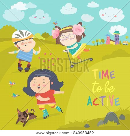 Cheerful Active Boys And Girl Having Fun While Riding Kick Scooter And Roller Skates. Vector Illustr