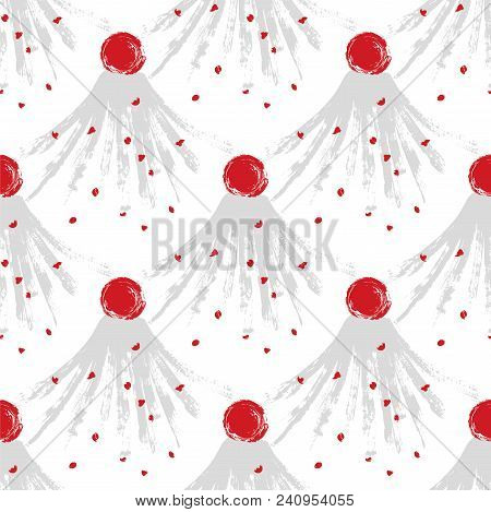 Abstract Japanese Volkano And Sunrise Seamless Pattern. Asian Grunge Background Design. Vector Illus