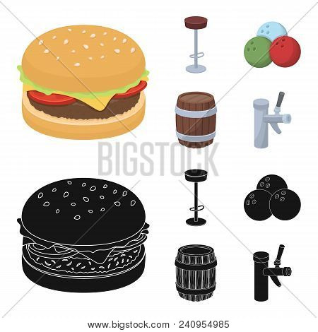 Restaurant, Cafe, Chair, Bowling Ball .pub Set Collection Icons In Cartoon, Black Style Vector Symbo
