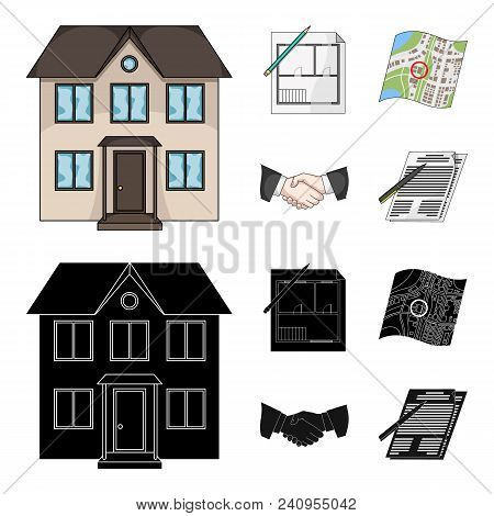 House Plan, Documents For Signing, Handshake, Terrain Plan. Realtor Set Collection Icons In Cartoon,