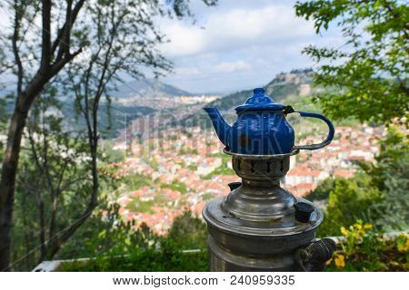 Kutahya, Turkey - Brewing tea at the Hidirlik Park in Kutahya 