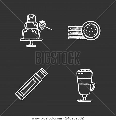 Condectionery Chalk Icons Set. Chocolate Fountain, Sandwich Cookies, Chewing Gum Stick, Macchiato La