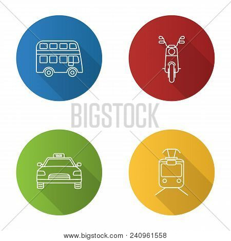 Public Transport Flat Linear Long Shadow Icons Set. Modes Of Transport. Double Decker Bus, Scooter, 