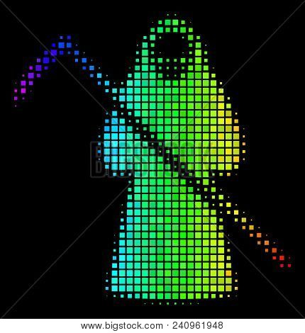 Dotted Impressive Halftone Death Scytheman Icon In Rainbow Color Tints With Horizontal Gradient On A