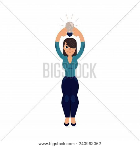 Young Woman In Casual Clothing Holding Illuminting Light Bulb Above Head. Female Cute Character And 