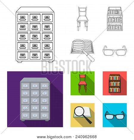 Cabinet With Filing Cabinet, Chair, Shelves, Information Search. Library And Bookstore Set Collectio