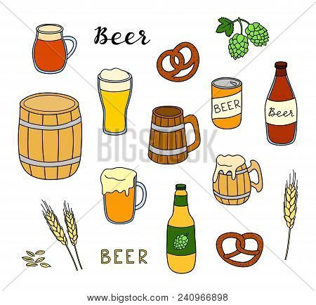 Set Of Hand Drawn Colored Beer In Mug, Bottle, Can And Wooden Keg Isolated On White Background.