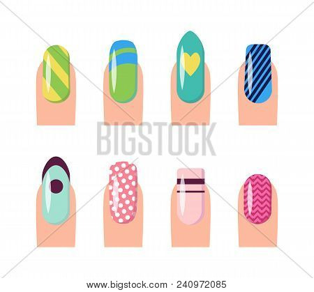 Nail Service And Art, Poster With Template Fingernails And Patterns Painted On Them, Dots And Hearts