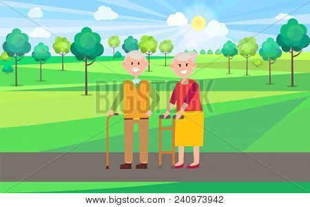Granny And Granddad Poster, Elderly People Walking And Enjoying Landscapes And Nature, Trees And Sun