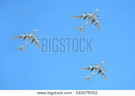 Moscow, Russia - May 9, 2018: Three Russian Military Turboprop Strategic Bombers-missile Tu-95 Bear 