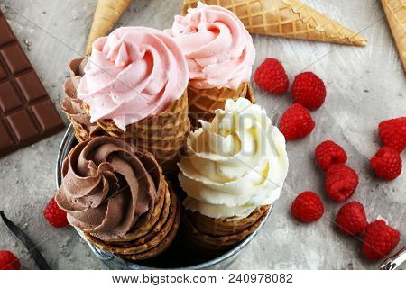 Vanilla Frozen Yogurt Or Soft Ice Cream In Waffle Cone.