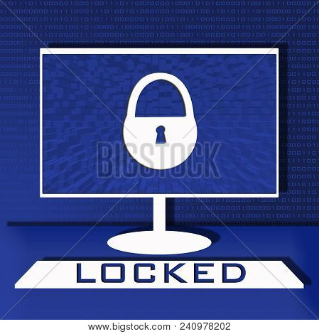 Computer Security Illustration, Flat Cartoon Design Desktop Pc With Closed Lock, Concept Of Firewall