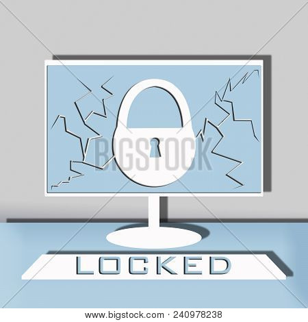 Computer Security Illustration, Flat Cartoon Design Desktop Pc With Closed Lock, Concept Of Firewall