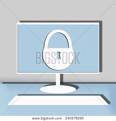 Computer Security Illustration, Flat Cartoon Design Desktop Pc With Closed Lock, Concept Of Firewall