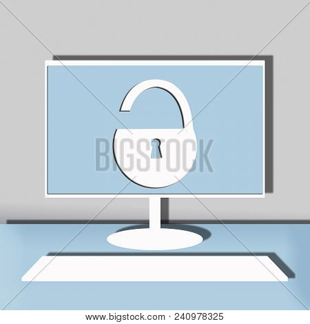 Computer Security Illustration, Flat Cartoon Design Desktop Pc With Closed Lock, Concept Of Firewall