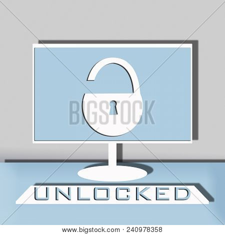 Computer Security Illustration, Flat Cartoon Design Desktop Pc With Closed Lock, Concept Of Firewall