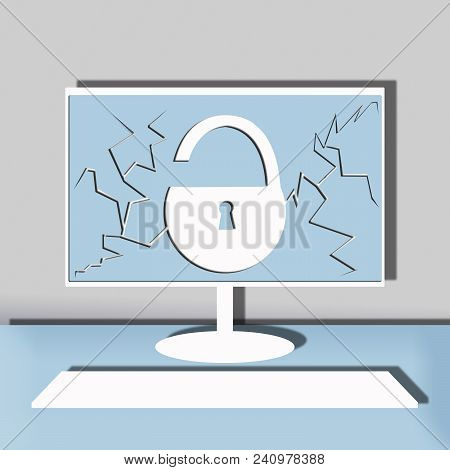 Computer Security Illustration, Flat Cartoon Design Desktop Pc With Closed Lock, Concept Of Firewall