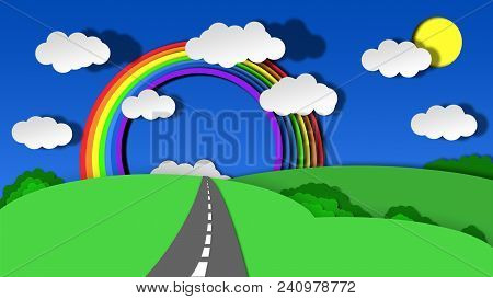 Raster Illustration Of Paper Landscape With Clouds, Hills And Rainbow