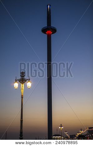 Brighton, Uk - May 4th 2018: A Dusk-time View Of The British Airways I360 Observation Tower Along Th