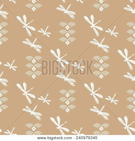 Beautiful Japanese Seamless  Pattern With Dragonfiles. Vector Unique Seamless Asian Texture.for Prin