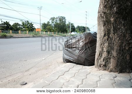 A Bag Trash Bag Beside The Trunk Tree At The Footbath With Walkway And Street Background, A Trash Pr