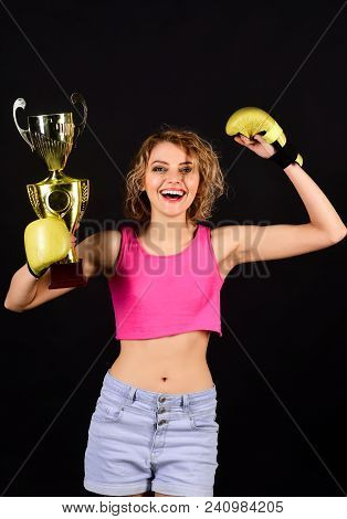 Victory, Winner And Success Concept - Excited And Joyful Fighter Boxer Girl Wearing Boxing Gloves Ce