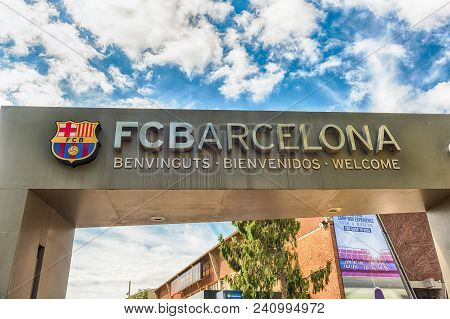 Barcelona - August 11: Welcome Signboard At The Entrance Gate Of The Camp Nou Experience Tour And Mu