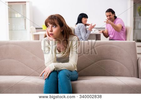 Young family and mother-in-law in family issues concept