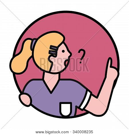 Woman Avatar Asking In Round Shape With Question Mark. Element Of Business Solution People Character