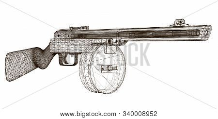 Wireframe Submachine Gun Shpagin. Soviet Old Machine Gun. View Perspective. 3d. Vector Illustration