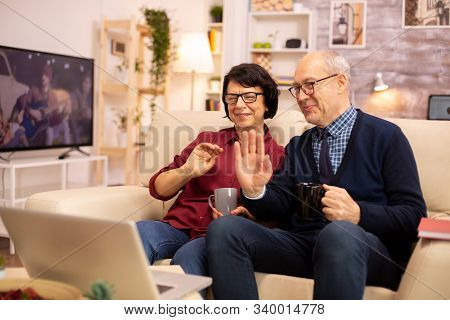 Elderly Old Couple Using Modern Laptop To Chat With Their Grandson