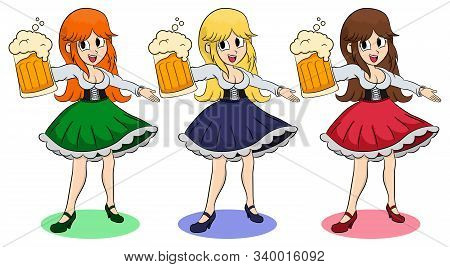Funny Girls With A Different Color Hair And Skirt Keep The Beer. Invites You Enter. Illustration Of 