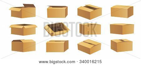 Set Of Small White Cardboard Boxes Mockups. Box Set. Templates, Layout Of Boxes In Different Positio