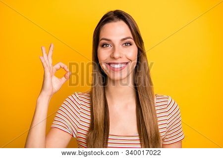 Im In. Closeup Photo Of Amazing Lady Showing Okey Symbol Toothy Beaming Smiling Expressing Positive 