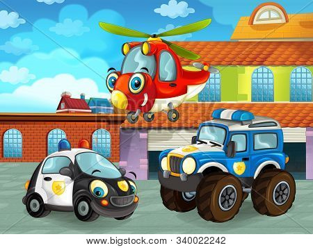 Cartoon Scene With Car Vehicle On The Road Near The Garage Or Repair Station And Helicopter Flying -