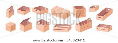 Wooden Boxes Vector Isometric Illustrations Set. Toolkit Box And Crates Isolated On White Background