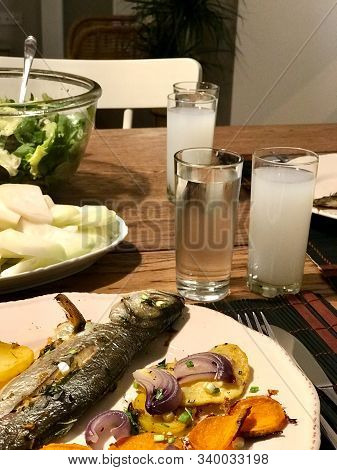 Turkish Bluefish With Raki / Lufer Fish. Traditional Seafood.