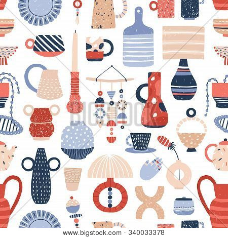 Modern Pottery Flat Vector Seamless Pattern. Beautiful Contemporary Handcrafted Ceramics Texture. St