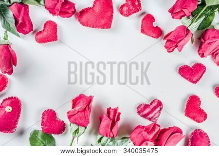Valentines Day Background With Handmade Red Textile Hearts,red Ribbon And Roses. White Background  F