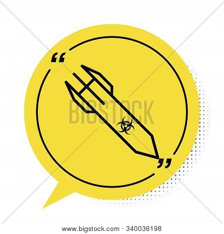 Black Biohazard Rocket Icon Isolated On White Background. Rocket Bomb Flies Down. Yellow Speech Bubb