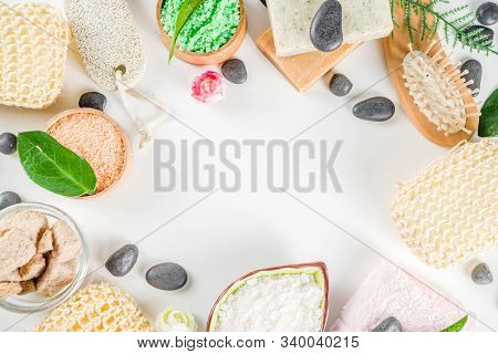 Bodycare Organic Cosmetics. Spa Setting With Basic Hygiene Treatment - Sea Salt, Washcloth And Natur