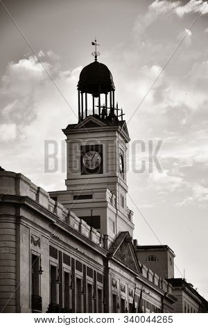 Bell tower of Royal House of the Post Office (Real Casa de Correos) in Puerta del Sol in Madrid, Spain.