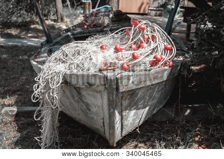 Old Boat On Land With Slave Nets Close Up