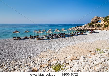 Sunbeds And Umbrellas On Dhermi Beach - Dhermi, Himar